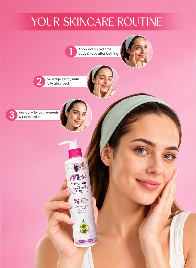 مليكا مالیكا لوشن الجسم المُشرق للبشرة حجم 250ml | واقي شمس SPF 50 وحمض الهيالورونيك | مرطّب الجسم | يُخفّف البقع الداكنة ويُوحّد لون البشرة - Image 5