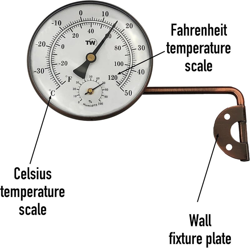 Thermometer World مقياس حرارة ورطوبة خارجي من النحاس مع تصميم قرص أنيق - مقياس حرارة حديقة مناسب لقياس درجة الحرارة والرطوبة الخارجية، مثبت على الحائط، الدفيئة، المرآب، مع ذراع متأرجح لسهولة التموضع | مقياس حرارة حديقة، مقياس درجة الحرارة والرطوبة، حائط، دفيئة، مرآب، ذراع متأرجح لسهولة التموضع - Image 5