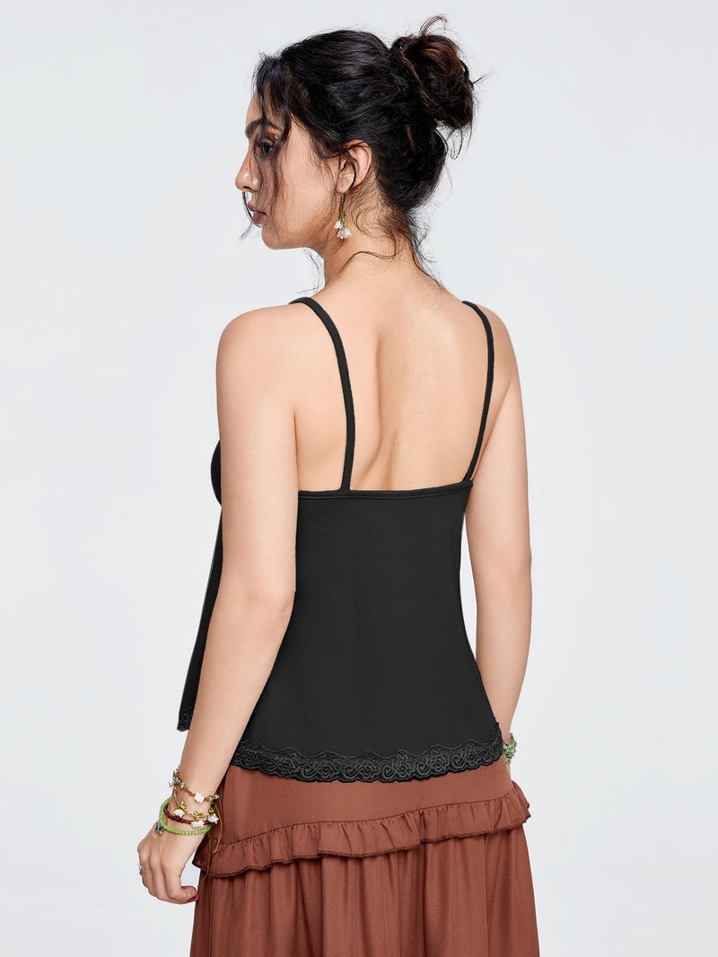SHENHE Women's Lace Tank Top V Neck Sleeveless Camisole Shirts 2026 Spring Summer Flowy Babydoll Top Black Medium - Image 2