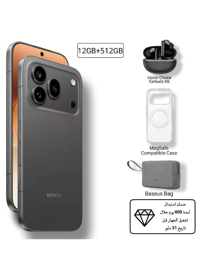 هونور 600 برو 5G ثنائي الشريحة 12 جيجابايت رام 512 جيجابايت أسود مع سماعات أذن اختيارية X8i + غلاف هاتف مغناطيسي + حقيبة Baseus + ضمان 600 يوم - النسخة الشرق أوسطية - Image 1