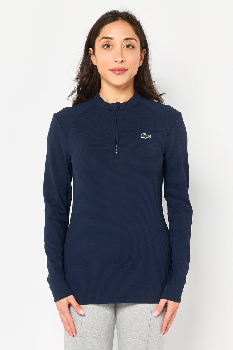 LACOSTE Women Mock Neck Long Sleeve Embroidered Logo Sweatshirt, Navy Blue - Image 1