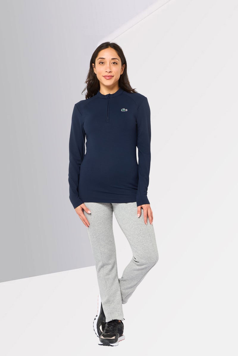 LACOSTE Women Mock Neck Long Sleeve Embroidered Logo Sweatshirt, Navy Blue - Image 2