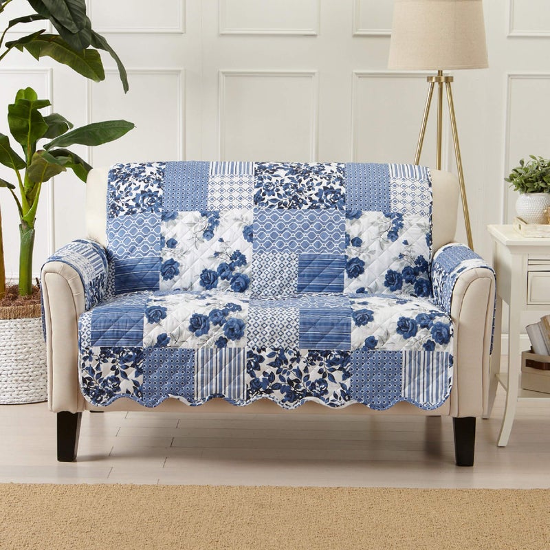 Great Bay Home Great Bay Home Patchwork Scalloped Printed Furniture Protector Stain Resistant Loveseat Cover Loveseat Navy 