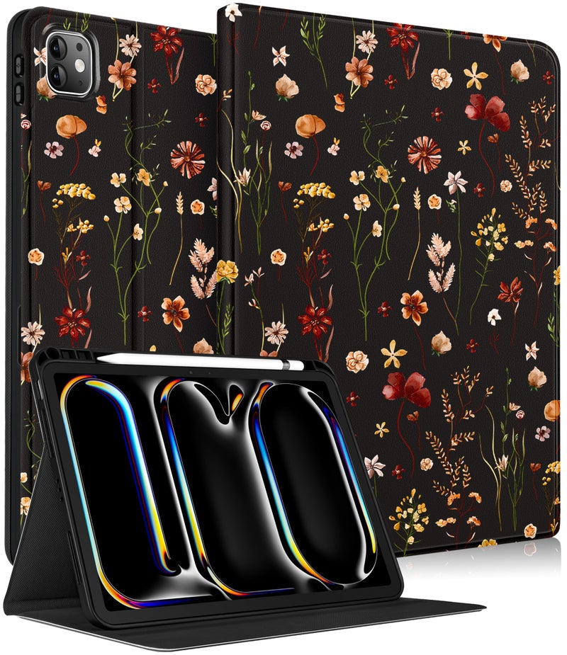 Wazzasoft for iPad Pro 11 Inch Case M5 2025/M4 2024 - Smart Folio Cover (Auto Wake/Sleep) with Build-in Pencil Holder for Apple Tablet Soft PU Leather Cover for Women Girls,Retro Floral - Image 1