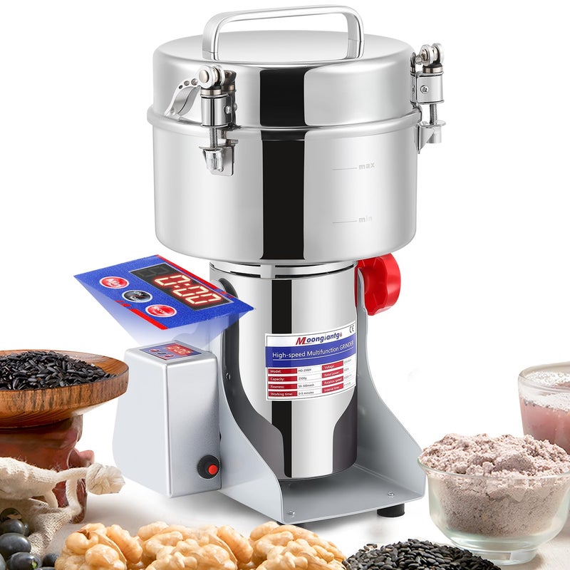 Moongiantgo مطحنة حبوب موونجيانتغو مع شاشة LED 2500غ 55رطل مطحنة توابل كهربائية 3600 واط 36000 دورة في الدقيقة مطحنة حبوب من الفولاذ المقاوم للصدأ طحن فائق السرعة لمدة 30 ثانية للمواد المجففة مع حماية من الحمل الزائد