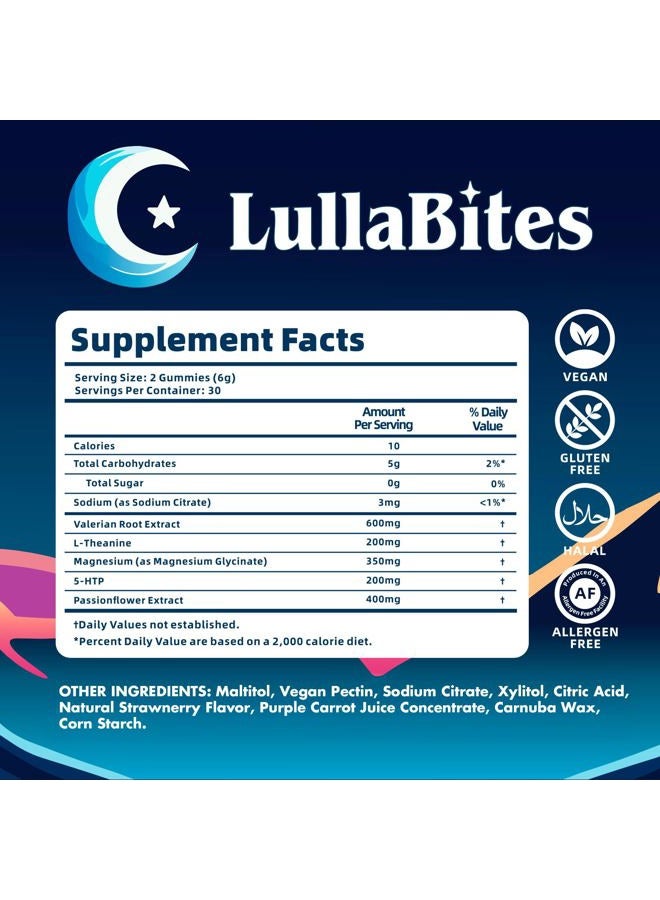 LullaBites Natural Sleep Gummies - Made in USA - With 5-HTP, L-Theanine, Magnesium & Valerian Root - Melatonin Free - Vegan - Halal - Sugar, Gluten Free - Sweet Strawberry - 60 Gummies - 30 Servings - Image 5