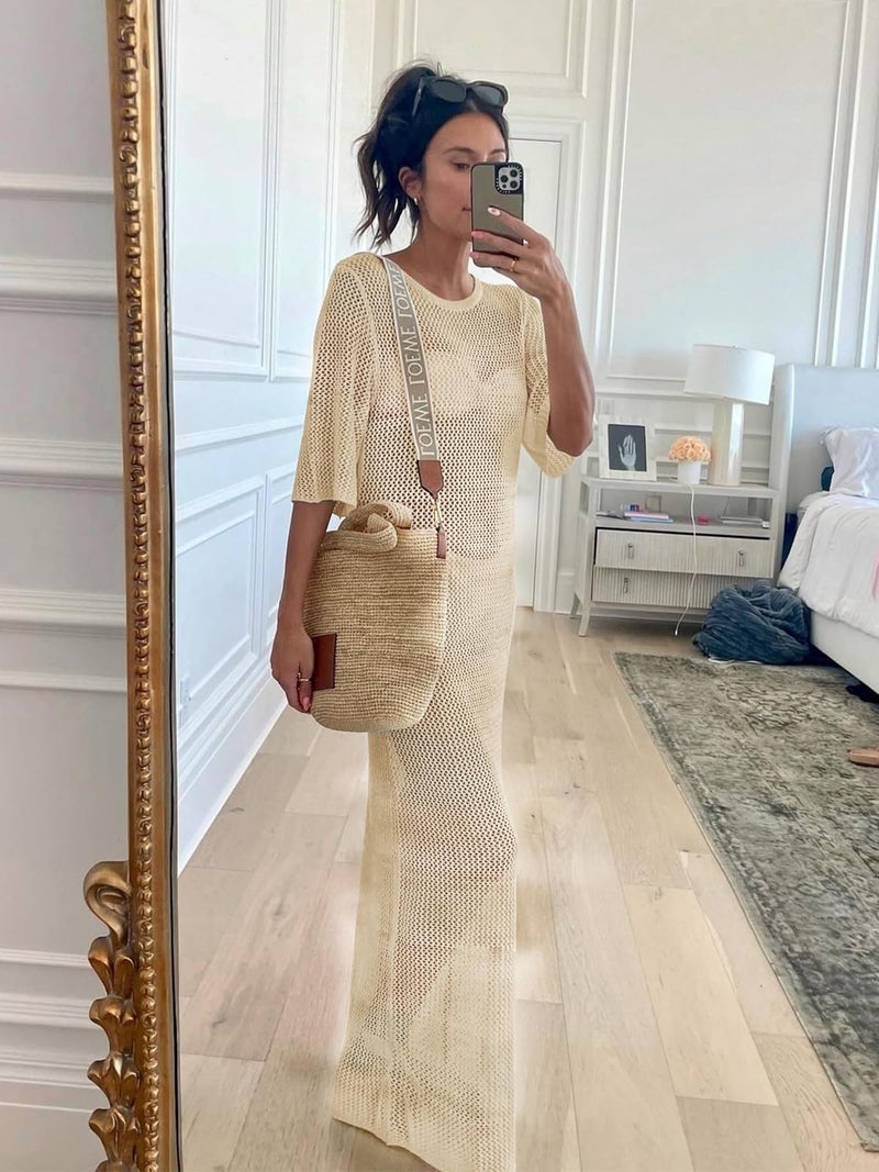 LANNEW Womens Crochet Swimsuit Cover Up Half Sleeve Bathing Suit Swimwear Coverups Long Beach Dresses Beige - Image 3