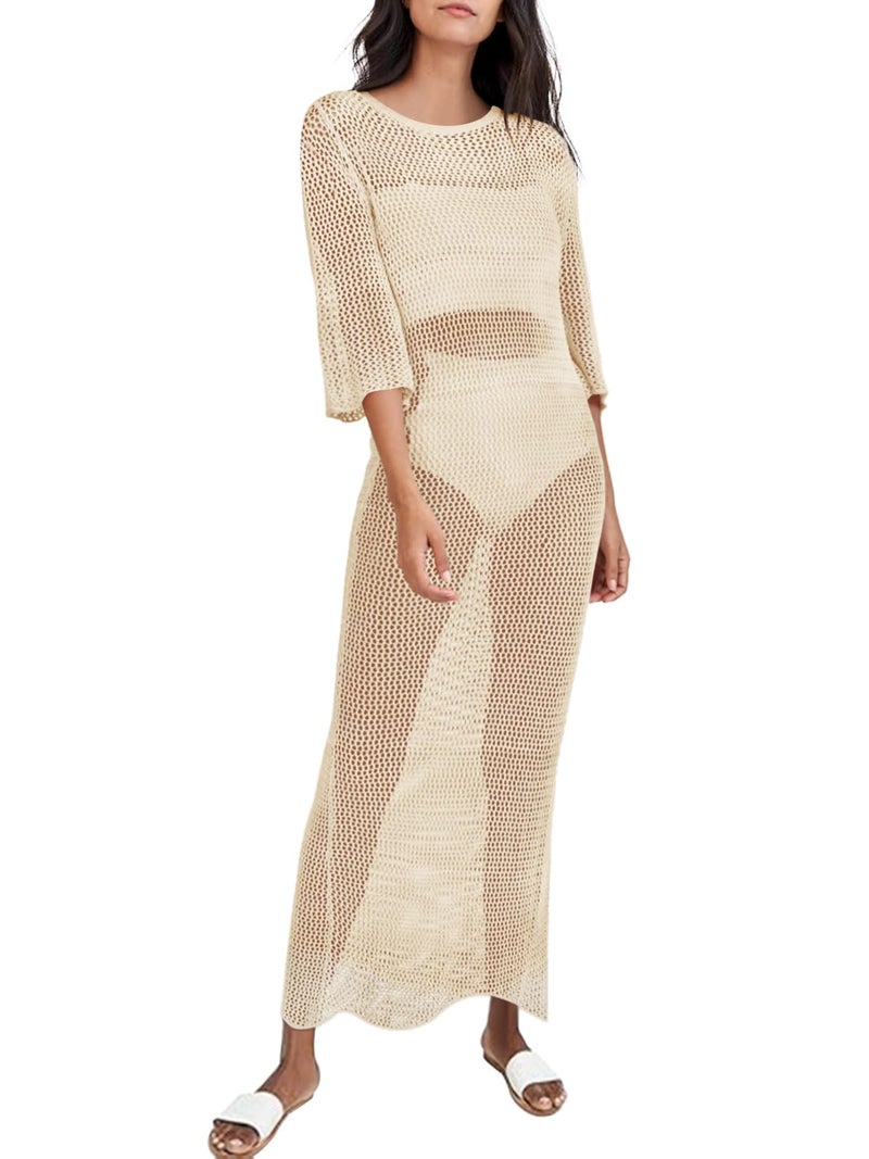 LANNEW Womens Crochet Swimsuit Cover Up Half Sleeve Bathing Suit Swimwear Coverups Long Beach Dresses Beige - Image 1