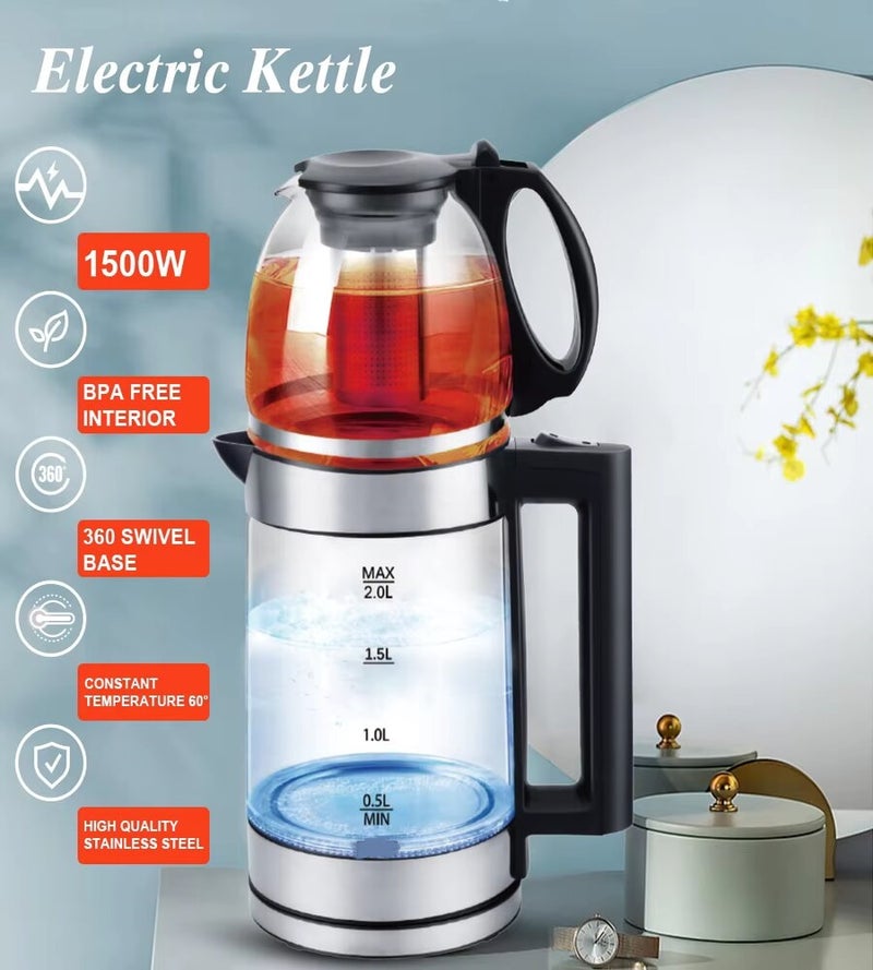 Dessini Regina DR-6001 2-In-1 Electric Tea Maker Set With 2.0L Glass Kettle And 1.0L Teapot 1500W Clear/Black - Image 3