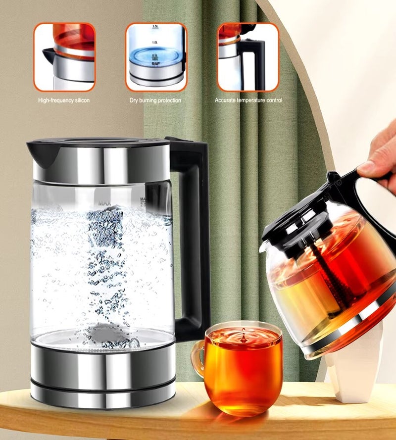 Dessini Regina DR-6001 2-In-1 Electric Tea Maker Set With 2.0L Glass Kettle And 1.0L Teapot 1500W Clear/Black - Image 2
