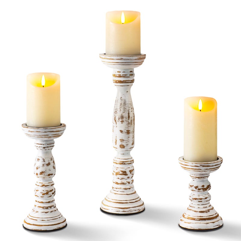 Homemory Farmhouse Wood Candle Holders for Pillar Candles Set of 3, Rustic Candle Holders for Table Centerpiece, 13" 9" 6" Vintage Tall Candle Stand Decorative for Dining Fireplace Living Room (White) - Image 1