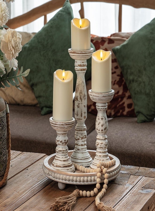 Homemory Farmhouse Wood Candle Holders for Pillar Candles Set of 3, Rustic Candle Holders for Table Centerpiece, 13" 9" 6" Vintage Tall Candle Stand Decorative for Dining Fireplace Living Room (White) - Image 3