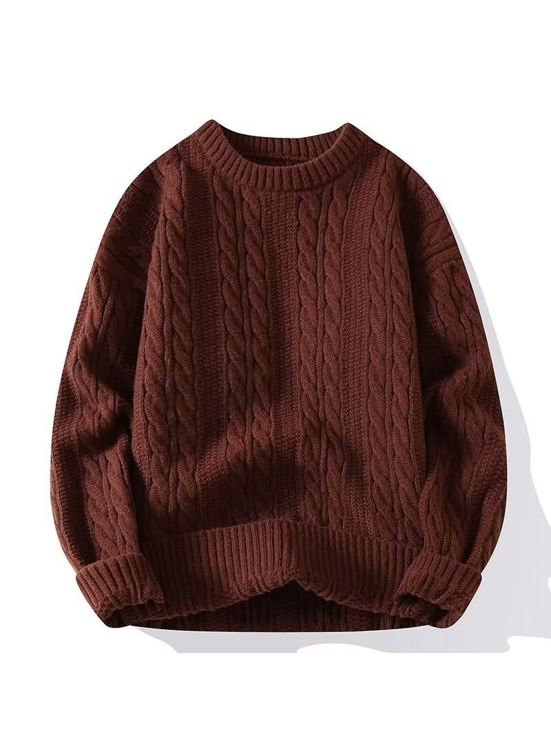 Generic Japanese Style Vintage Knitted Sweater For Men 2024 Winter New Loose Fit Simple Solid Color Pullover Round Neck Top Jacket 733 Brown  - Image 1