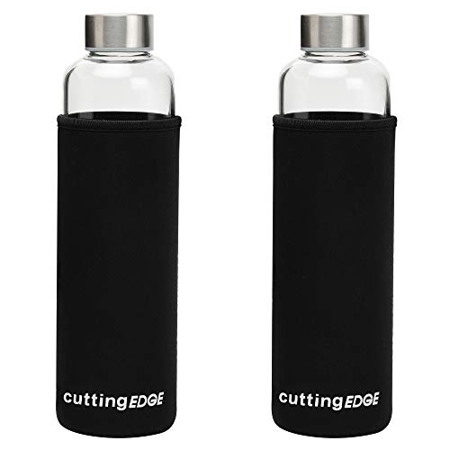 Cutting EDGE 750ml Borosilicate Round Glass Water Bottle Set of 2 with Black Portable Carrying Sleeve for School, Home, Office, Travel, Sport, Yoga, Gym, Hot, Cold Drinks (Transparent) - Image 1
