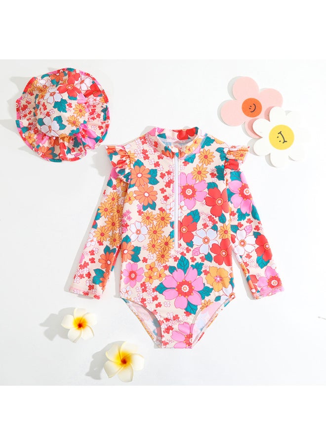 Loquat Children's Swimsuit 2023 Girls Cute One-piece Sunscreen Swimsuit Direct Supply Can Be Distributed-Color:Apricot Flower One Piece Swimsuit + Hat-Apricot- - Image 1