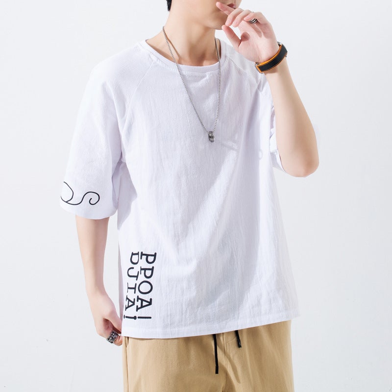 Cotton and Linen Short-sleeved T-shirt Men''s New Mouse Print Half-sleeved Linen Loose Hong Kong-style T-shirt Youth Top - Image 3