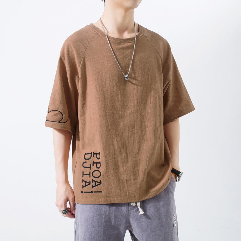 Cotton and Linen Short-sleeved T-shirt Men''s New Mouse Print Half-sleeved Linen Loose Hong Kong-style T-shirt Youth Top - Image 2