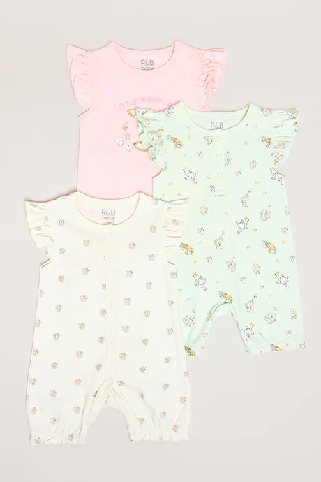 أر أند بي 3 Pack Printed Rompers with Flutter Sleeves