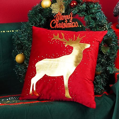 ONWAY Red Christmas Decorations Gold Throw Pillow Covers 18x18 Set of 4 Snowflakes Reindeer Decorative Cushion Cases Xmas Golden Decor for Couch Sofa Bedroom - Image 3