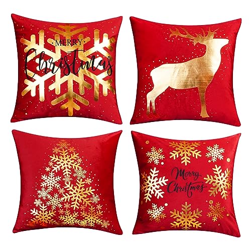 ONWAY Red Christmas Decorations Gold Throw Pillow Covers 18x18 Set of 4 Snowflakes Reindeer Decorative Cushion Cases Xmas Golden Decor for Couch Sofa Bedroom - Image 1