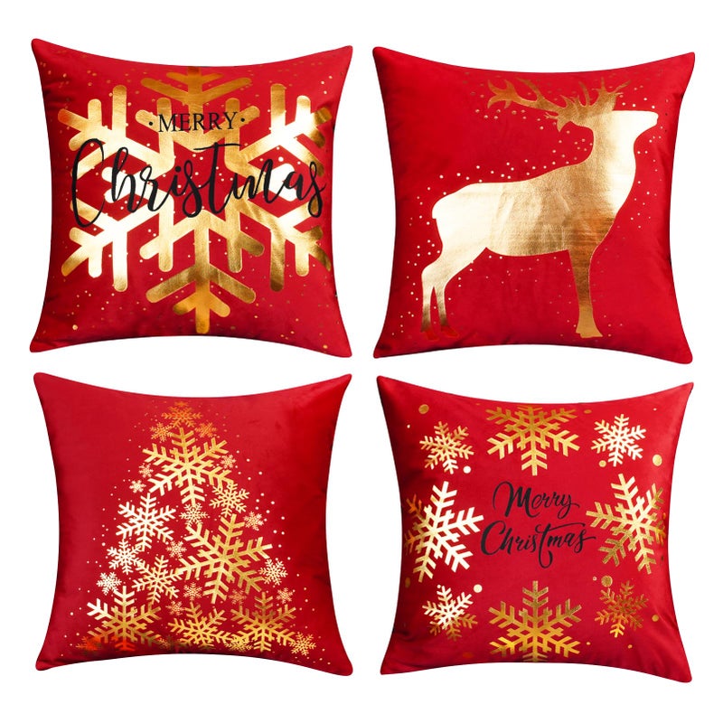 ONWAY Red Christmas Decorations Gold Throw Pillow Covers 18x18 Set of 4 Snowflakes Reindeer Decorative Cushion Cases Xmas Golden Decor for Couch Sofa Bedroom - Image 2