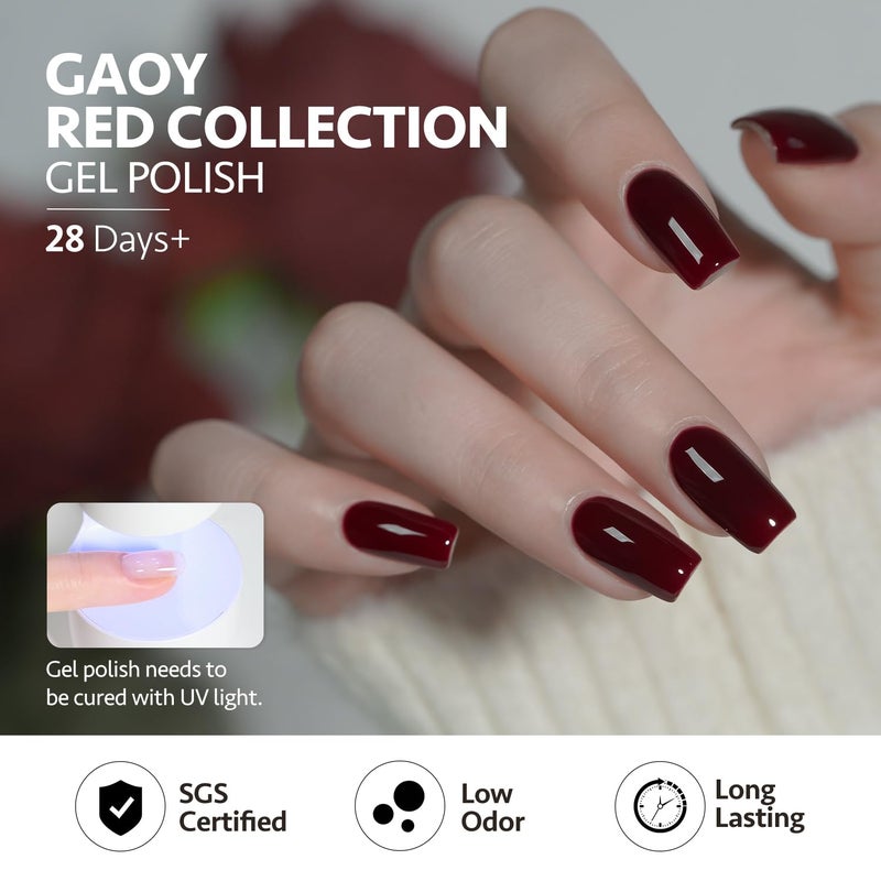 GAOY طقم طلاء أظافر جل GAOY الأحمر، 6 ألوان بورغندي كرز جليتر أحمر داكن، جل علاج بالأشعة فوق البنفسجية لتزيين الأظافر في المنزل - Image 5