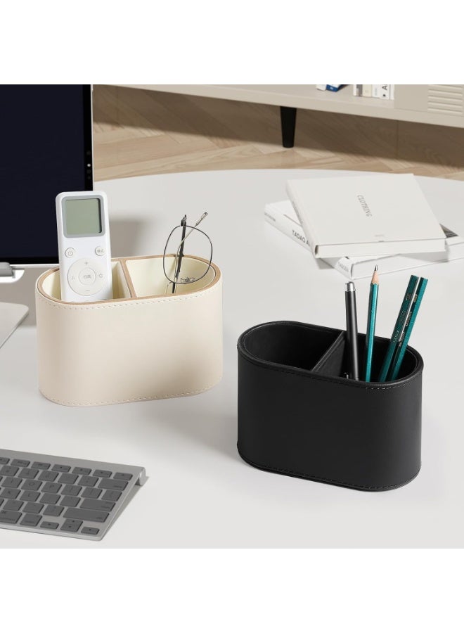 Pu Leather Desk Pen Holder – Small Remote Control & Pen Stand, Multifunctional Pencil Cup & Desktop Organizer – Accessory For Home, School, And Office Desks, 2 Compartments (Beige) - Image 4