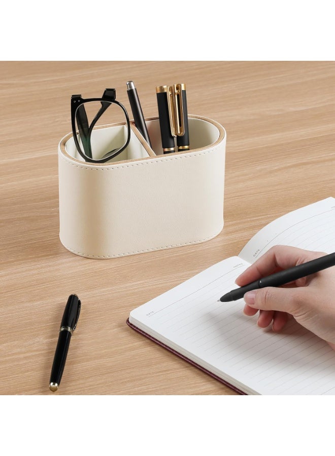 Pu Leather Desk Pen Holder – Small Remote Control & Pen Stand, Multifunctional Pencil Cup & Desktop Organizer – Accessory For Home, School, And Office Desks, 2 Compartments (Beige) - Image 5