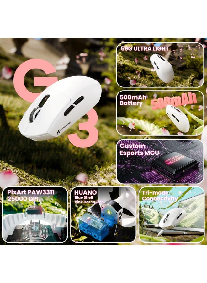 Attack Shark Shark Attack G3 Tri-Mode Wireless Gaming Mouse, 2.4G Wireless/Bluetooth/Wired, 25,000 DPI, Ultra-Lightweight, PixArt PAW3311 Gaming Sensor, Built-in 500mAh Battery for Long-Lasting Power, White - Image 2