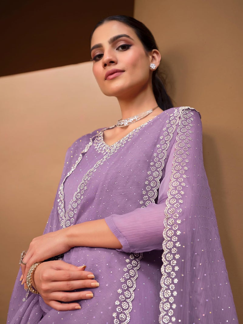 TRENDMALLS Women's Chanderi Siroski work Kurta Palazzo Set with Dupatta (G261-Purple-S) - Image 2