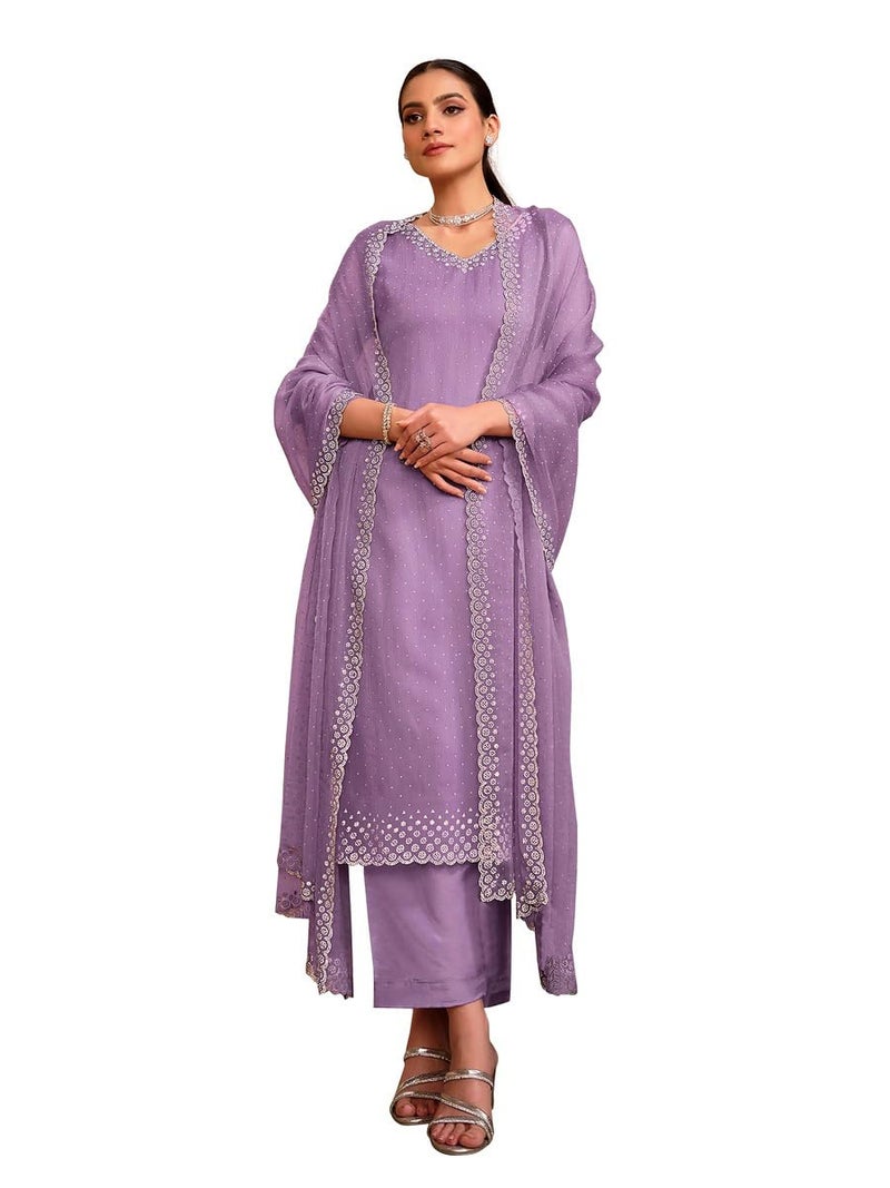 TRENDMALLS Women's Chanderi Siroski work Kurta Palazzo Set with Dupatta (G261-Purple-S) - Image 1