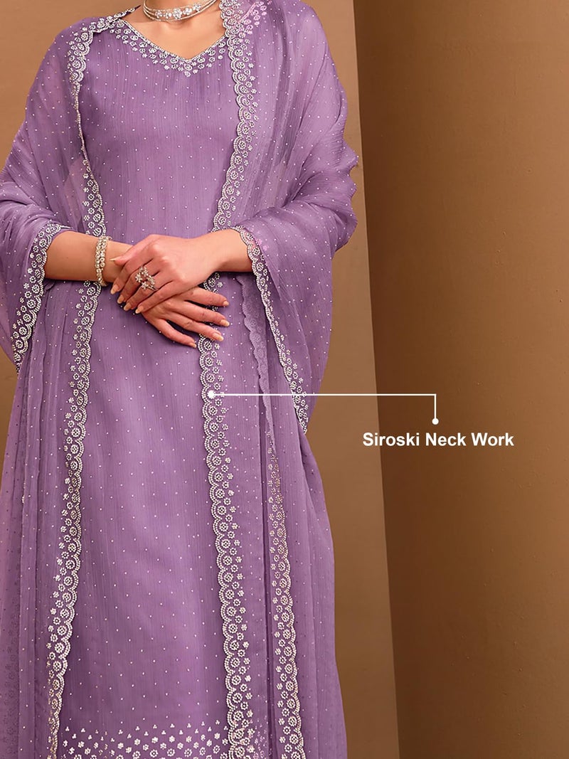 TRENDMALLS Women's Chanderi Siroski work Kurta Palazzo Set with Dupatta (G261-Purple-S) - Image 4