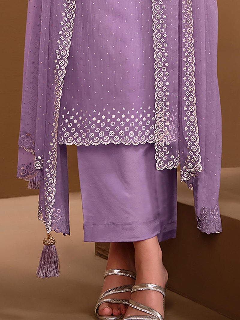 TRENDMALLS Women's Chanderi Siroski work Kurta Palazzo Set with Dupatta (G261-Purple-S) - Image 3