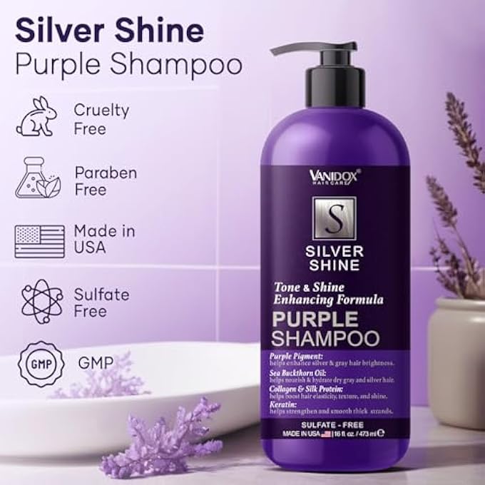 VANIDOX BRASS TONING PURPLE SHAMPOO FOR GREY AND SILVER HAIR, INFUSED WITH PURPLE PIGMENT, SULFATE FREE SHAMPOO FOR GRAY AND SILVER HAIR (16 FL OZ) - Image 3