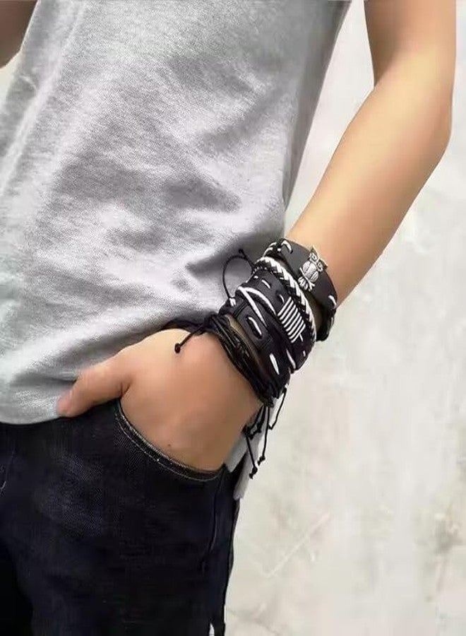 THE MEN THING 6 Pcs Genuine Leather Adjustable Bracelet Set for Men & Boys (8 inch) (SHADOW OWL CUFF) - Image 2