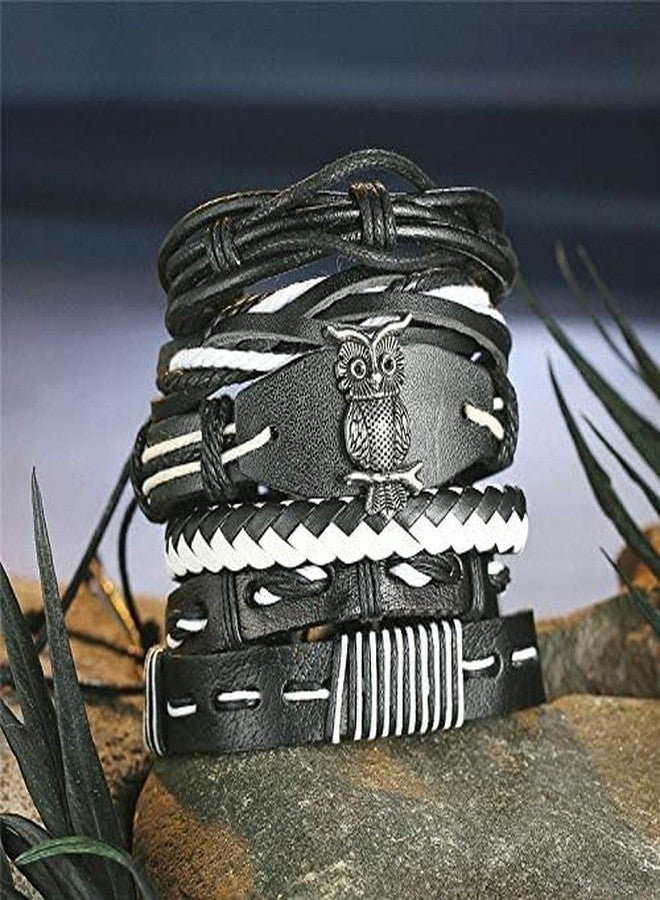 THE MEN THING 6 Pcs Genuine Leather Adjustable Bracelet Set for Men & Boys (8 inch) (SHADOW OWL CUFF) - Image 3