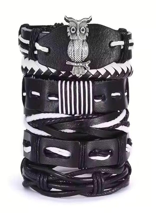 THE MEN THING 6 Pcs Genuine Leather Adjustable Bracelet Set for Men & Boys (8 inch) (SHADOW OWL CUFF) - Image 1