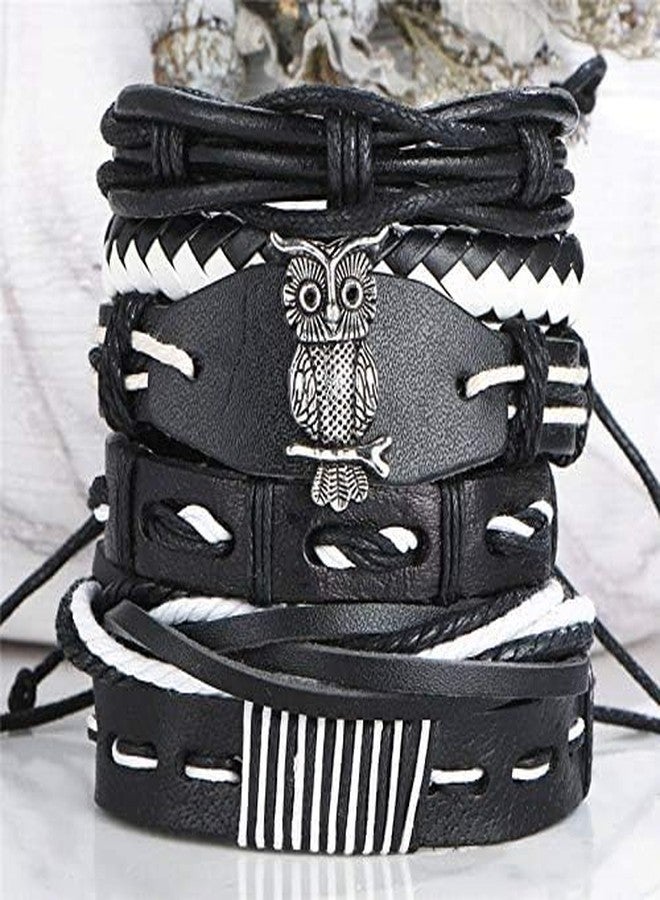 THE MEN THING 6 Pcs Genuine Leather Adjustable Bracelet Set for Men & Boys (8 inch) (SHADOW OWL CUFF) - Image 5