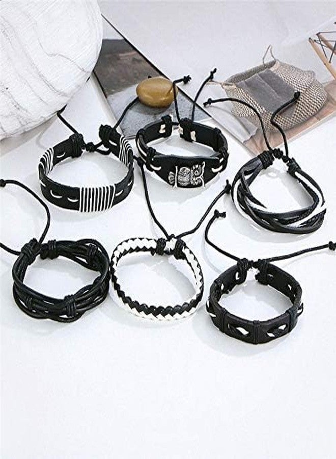 THE MEN THING 6 Pcs Genuine Leather Adjustable Bracelet Set for Men & Boys (8 inch) (SHADOW OWL CUFF) - Image 4
