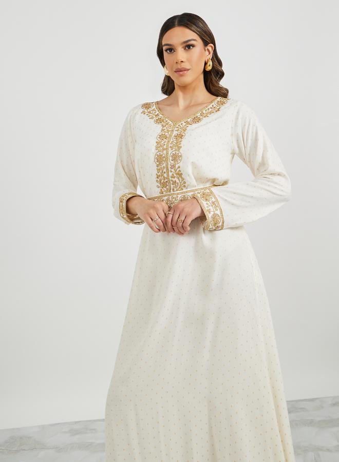 Styli Jacquard Embroidered A-Line Belted Jalabyia  - Image 2