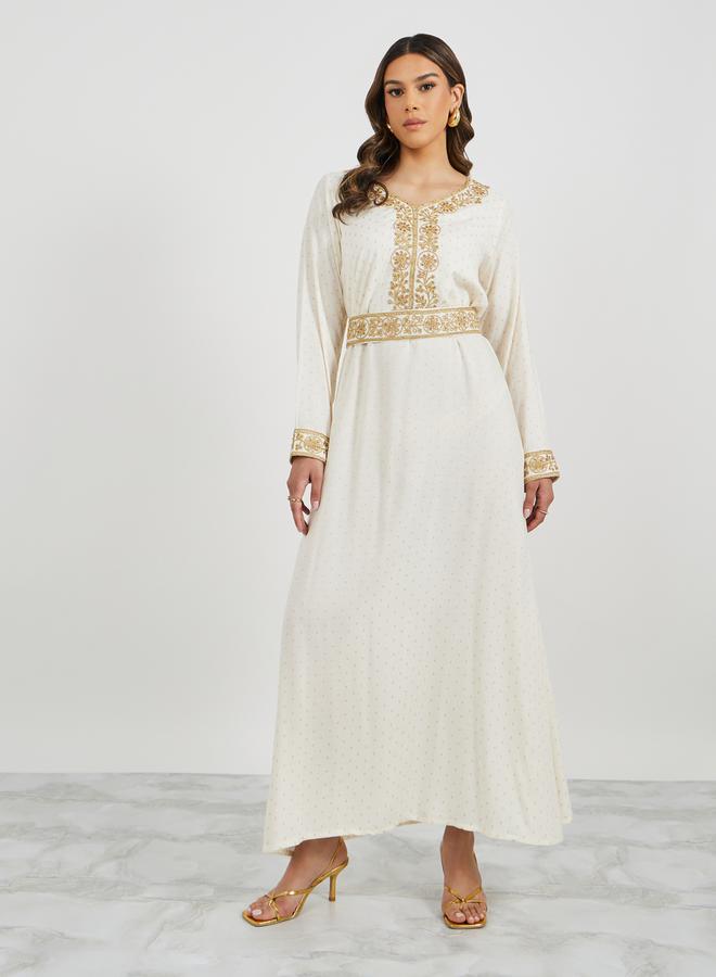 Styli Jacquard Embroidered A-Line Belted Jalabyia  - Image 3