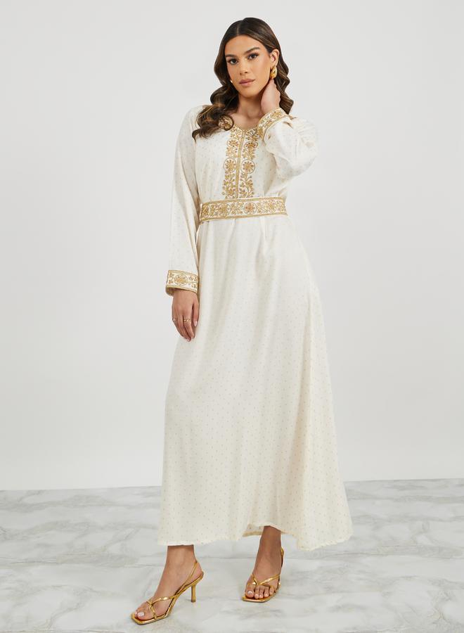 Styli Jacquard Embroidered A-Line Belted Jalabyia  - Image 4