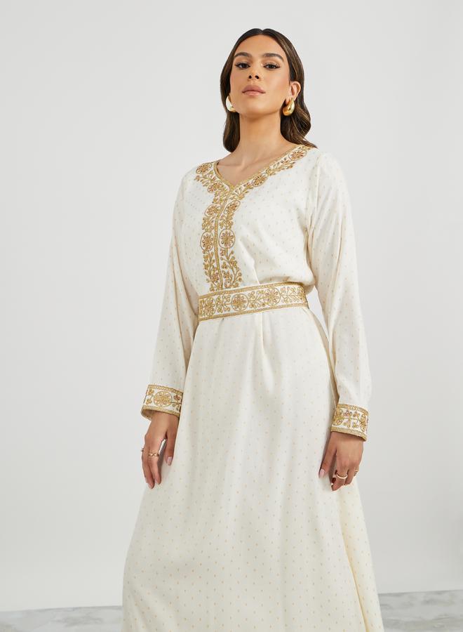 Styli Jacquard Embroidered A-Line Belted Jalabyia  - Image 5