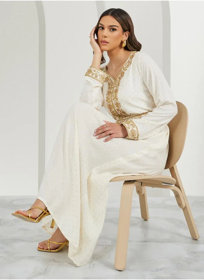 Styli Jacquard Embroidered A-Line Belted Jalabyia