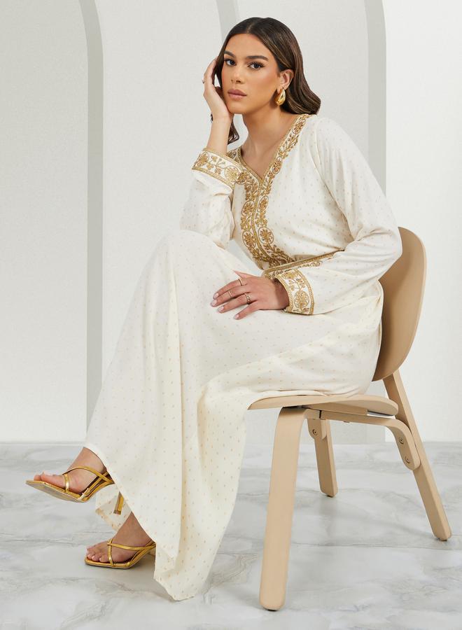 Styli Jacquard Embroidered A-Line Belted Jalabyia  - Image 1
