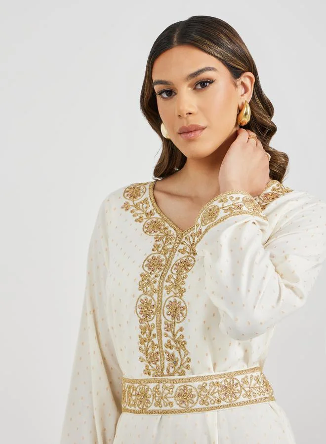 Styli Jacquard Embroidered A-Line Belted Jalabyia