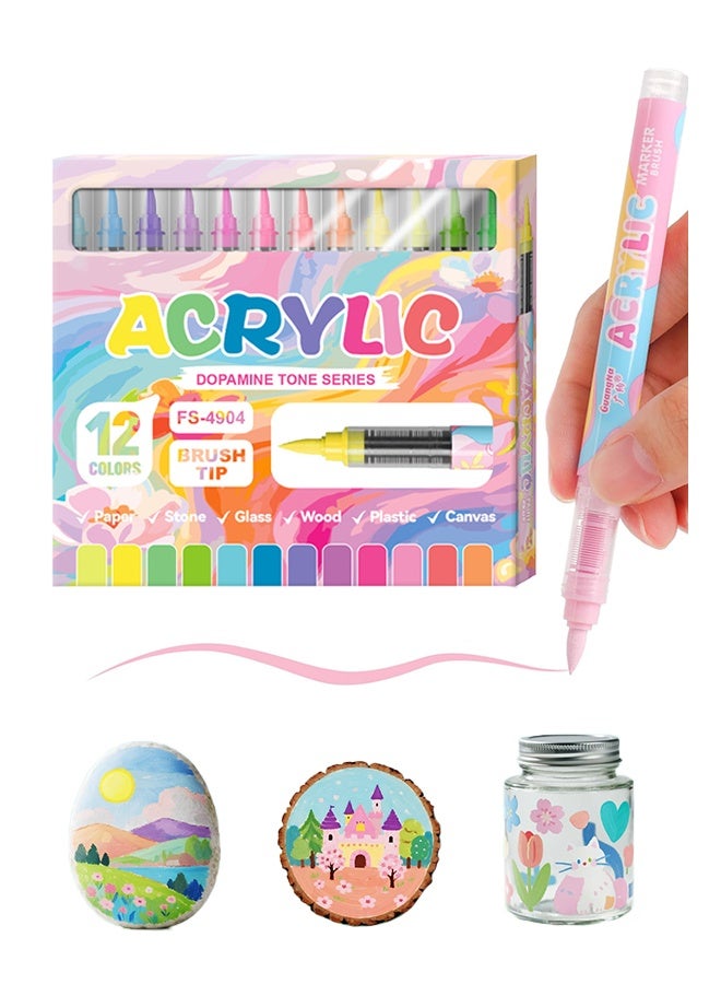 Flysea 12 Pastel Colors Acrylic Paint Pens Waterproof Acrylic Paint Markers Soft Brush Tip Acrylic Markers with Automatic Ink Control for Rock Painting Wood Ceramic Glass Egg - Image 1
