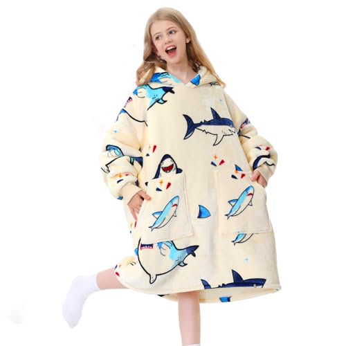 Aemicion Kids Wearable Blanket Hoodie-Shark Plush Hooded Blanket with Pockets, Cozy Fleece Sherpa Blanket as Gift for Boys Girls - Image 1