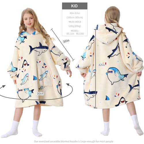 Aemicion Kids Wearable Blanket Hoodie-Shark Plush Hooded Blanket with Pockets, Cozy Fleece Sherpa Blanket as Gift for Boys Girls - Image 4