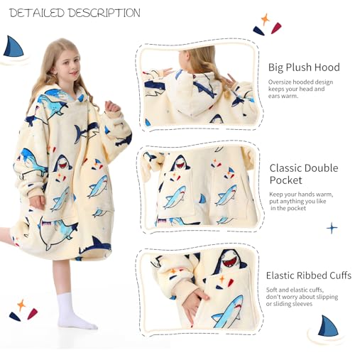 Aemicion Kids Wearable Blanket Hoodie-Shark Plush Hooded Blanket with Pockets, Cozy Fleece Sherpa Blanket as Gift for Boys Girls - Image 3